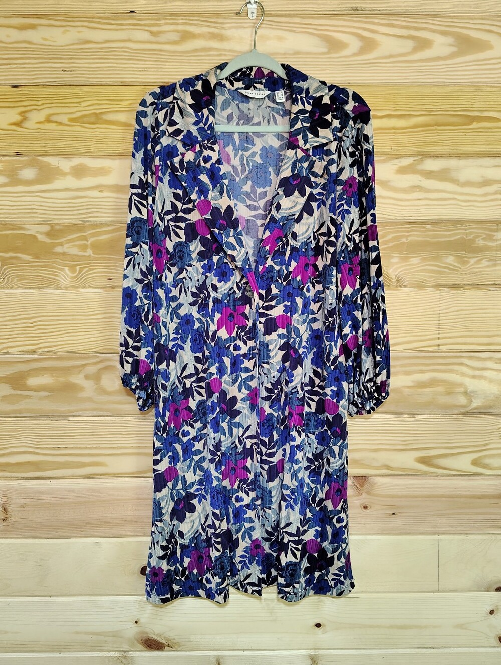 Susan Graver Floral One Button Front Midi Duster Small Blue Purple Long Sleeve